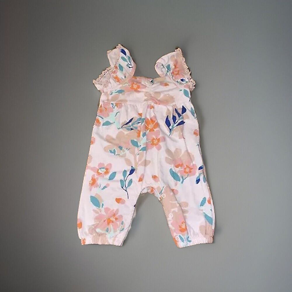 Nine West Girl’s 0-3M Pink Floral Ruffle Sleeve Jumpsuit Romper Cotton Blend